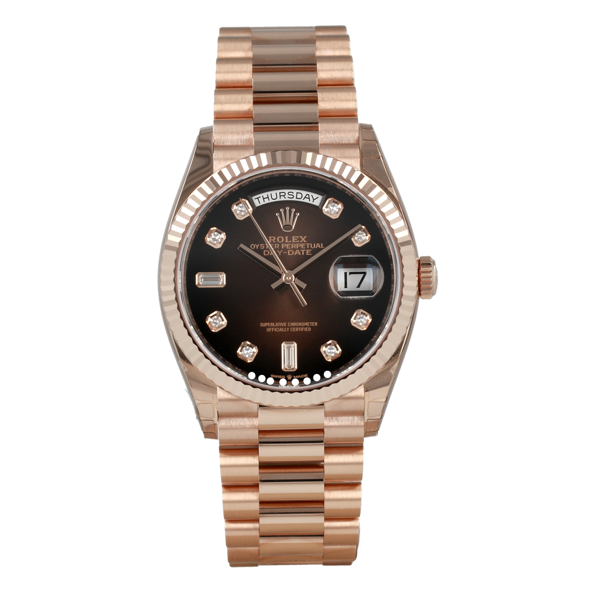 Rolex Day-Date 128235 36mm Oro Everose Esfera Marrón con Diamantes | Comprar reloj Rolex de segunda mano